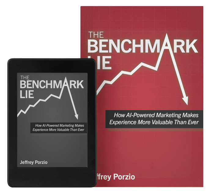 The Benchmark Lie book covers on Kindle reader and paperback